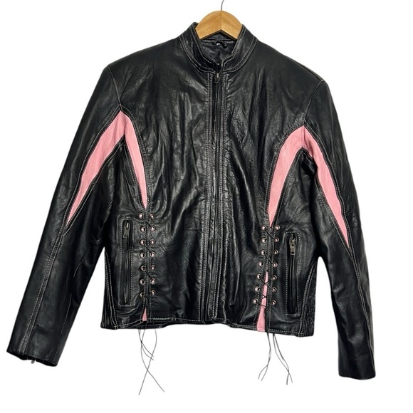 Zony Inc Leather Motorcycle Jacket Black With Pink Racing Stripes Medium - Picture 2 of 16